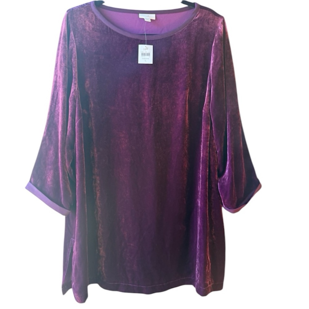 J Jill crushed velvet top, purple tunic, 3/4 sleeve, side slit, scoop neck